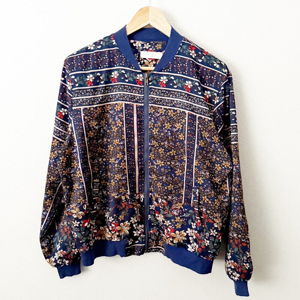 ELODIE |‎ Floral Stripe Bomber Style Jacket Navy Multi Satin Flowers | Medium